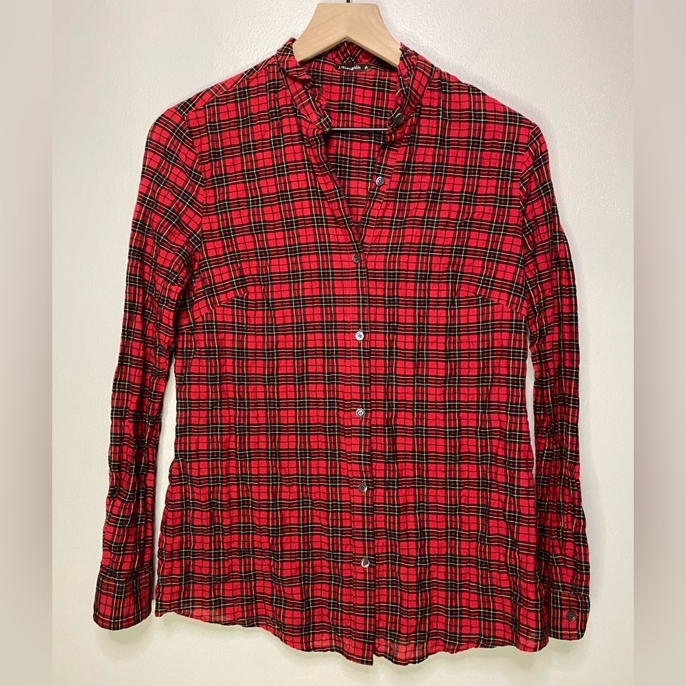 J. McLaughlin Ruffle‎ collar Plaid red XS Blouse button down Christmas